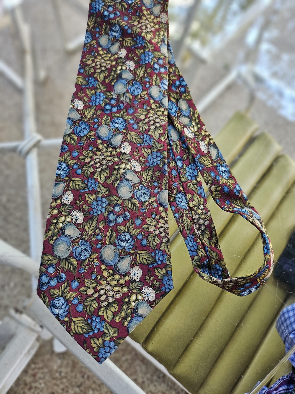 Valentino Burgundy Floral Fruit Silk Tie with Blue and Green Accents
